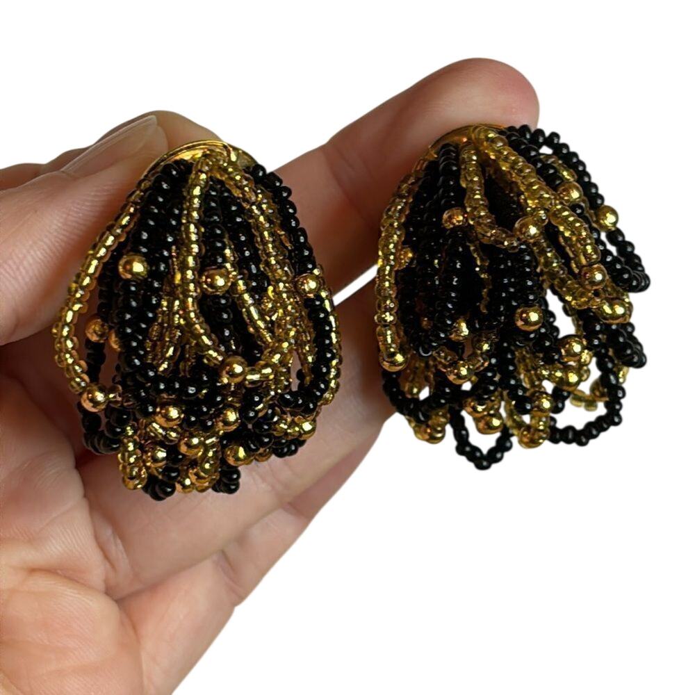 Vintage Black Gold Seed Bead Tassel Cluster Statement Earrings Pierced Boho